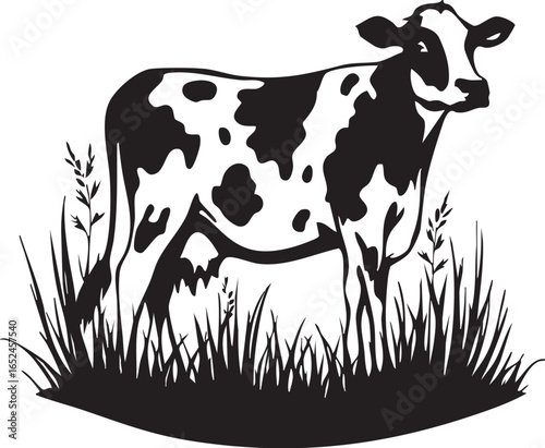 Dairy Cow in the Field: A Detailed Graphic of a Holstein Cow Standing in Grass

