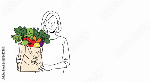 Smiling woman holds reusable bag filled with fresh vibrant produce