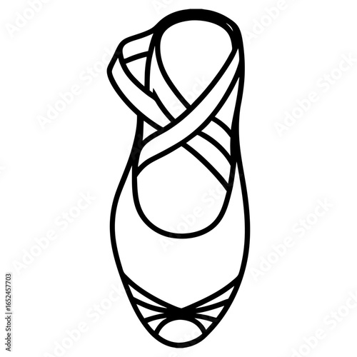 Outline illustration of a ballet pointe shoe with ribbons tied around the ankle