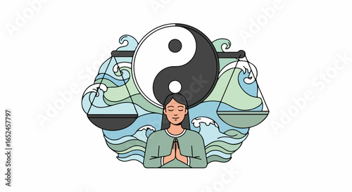 Woman finding inner balance with scales and yin yang symbol amidst flowing waves