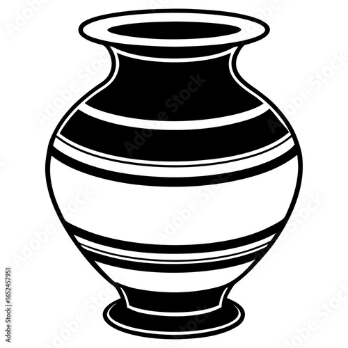 A black and white illustration of a traditional clay pot with horizontal stripes