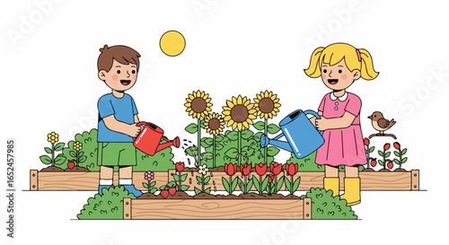 Joyful kids water vibrant garden beds, nurturing sunflowers and tulips