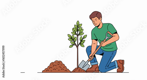 Man planting a young tree, fostering growth for a sustainable future