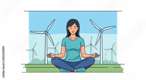Woman meditating peacefully amidst wind turbines, embracing renewable energy lifestyle