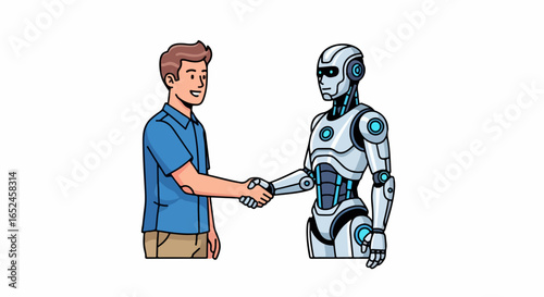 Man and advanced robot shaking hands symbolizing future technology and partnership