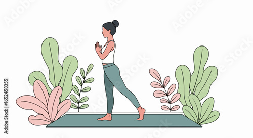Woman practicing peaceful yoga pose amidst lush foliage for wellness