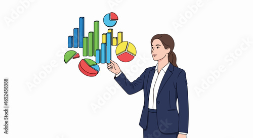 Confident businesswoman analyzes dynamic data charts, presenting growth strategy insights.