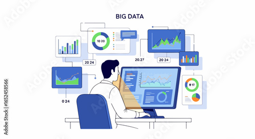 Data analyst reviewing complex charts and graphs on multiple screens