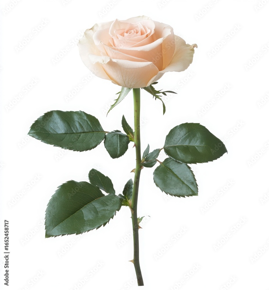 Obraz premium Single Light Pink Rose Blossom With Green Leaves On White Background
