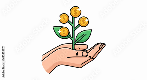 Nurturing financial growth with a flourishing plant of coins held in hand