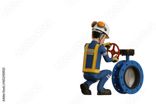 Industrial worker operating butterfly valve on transparent background
