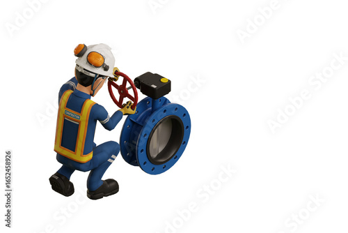 Industrial worker operating butterfly valve on transparent background