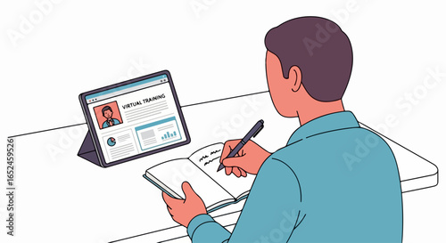 Man attending virtual training session on tablet while taking notes