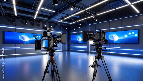 Modern television  with professional cameras and large screens displaying abstract graphics.