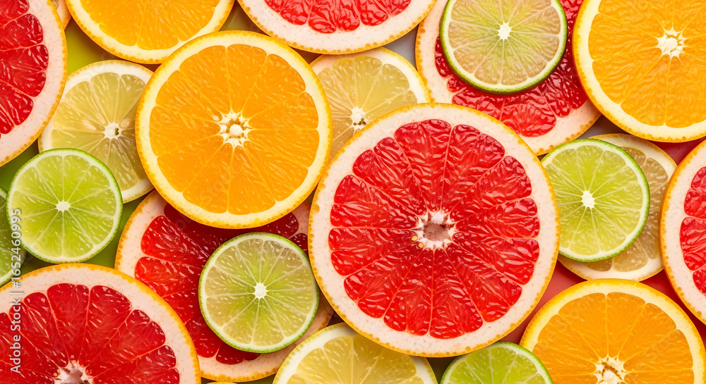 Fototapeta premium Vibrant citrus fruit slices arranged beautifully, perfect for healthy eating, refreshing drinks, or summer recipes, bursting with color and flavor