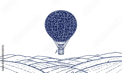 Beautiful hot air balloon floating above rolling fields, black and blue line art illustration of adventure
