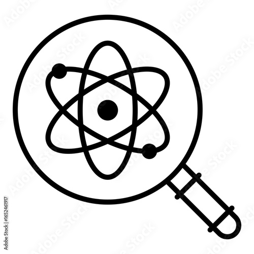 Magnifying glass with atomic symbol icon, symbolizing scientific research, STEM learning, and education in physics and chemistry.