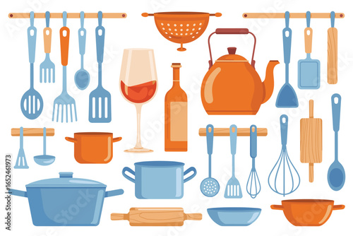 Collection of kitchen utensils and cookware in flat cartoon style cooking food