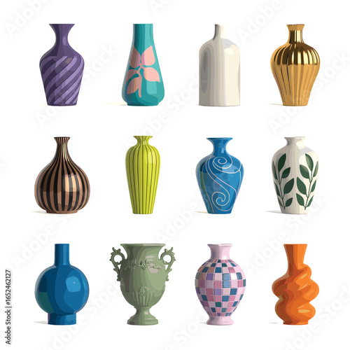 Twelve decorative ceramic and metallic vases in various colors and patterns collection