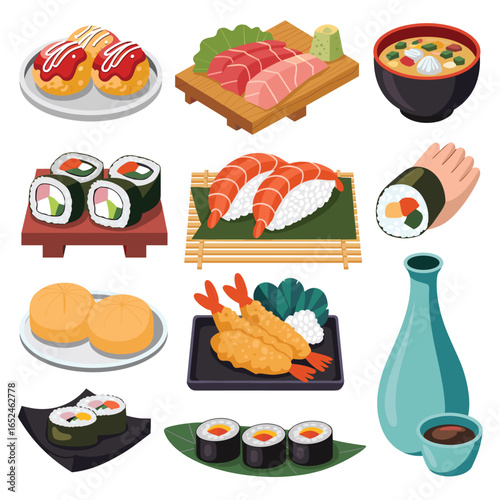 Assortment of Japanese Food Dishes and Drinks on White Background sushi sashimi