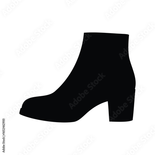 Black Silhouette of an Ankle Bootie with a Block Heel, Isolated
