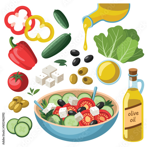 Fresh Greek Salad Ingredients and Olive Oil feta cheese tomatoes