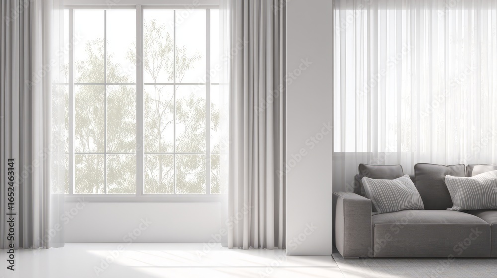 Fototapeta premium A minimalist living room with clean lines, white walls, and wooden floors, exuding simplicity. 