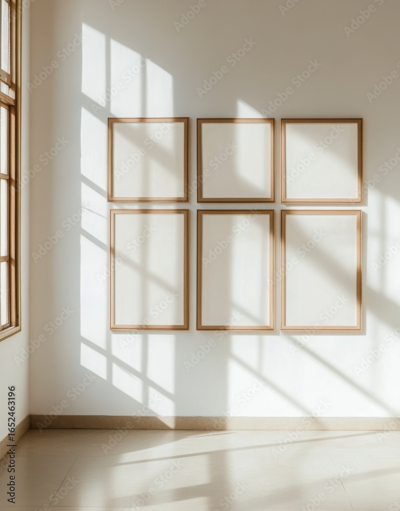 Fototapeta premium Six Empty Light Brown Wooden Frames On A White Wall With Sunlight Shadows