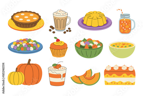 Flat cartoon style illustration of autumn harvest foods and drinks pumpkin cupcake