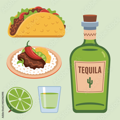 Flat cartoon style illustration of Mexican food and tequila with lime and shot glass taco