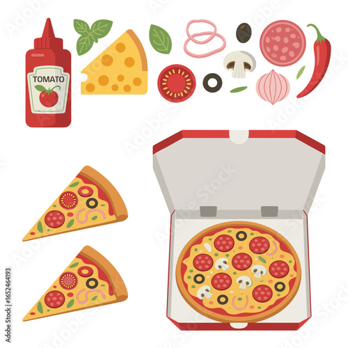 Flat cartoon pizza ingredients and slices with open pizza box pepperoni mushrooms
