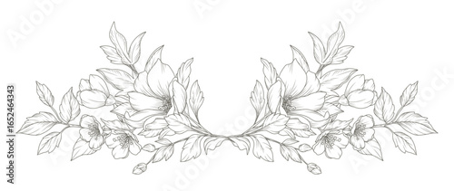 Elegant frame of flowers, branches and leaves. Hand drawn floral composition in line art style. Sketch botanical elements. Vector illustration for logo, tattoo, save the date card, wedding invitation