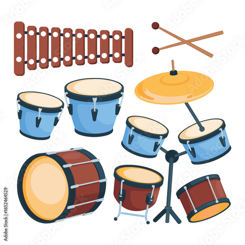 Cartoon Drum Set Xylophone and Drumsticks on White Background musical instrument percussion
