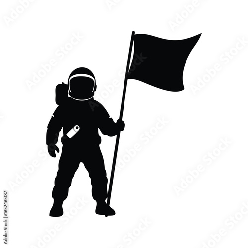 Astronaut planting a flag on the moon in dark silhouette style