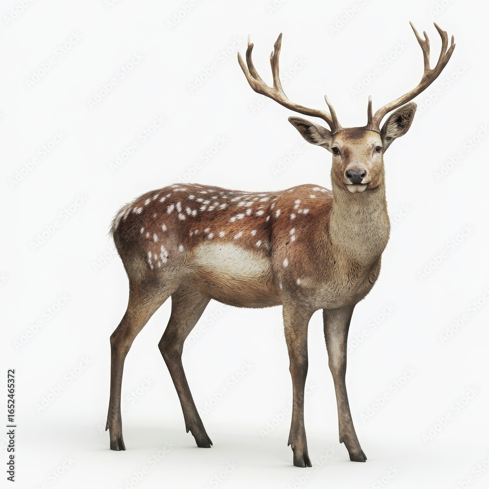Fototapeta premium Spotted Deer Buck With Antlers On White Background