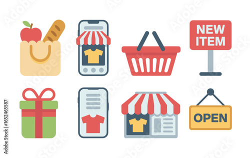 Flat design icons for online shopping and retail shopping bag apple