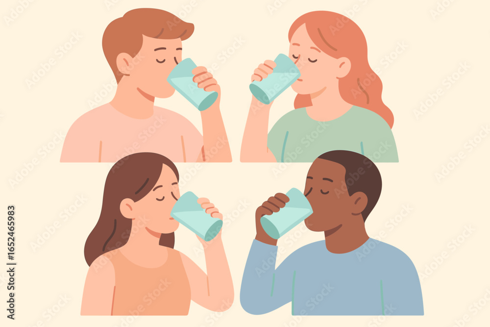 Diverse group of young adults drinking water together illustrates healthy lifestyle Diverse group of young adults drinking water together illustrates healthy lifestyle