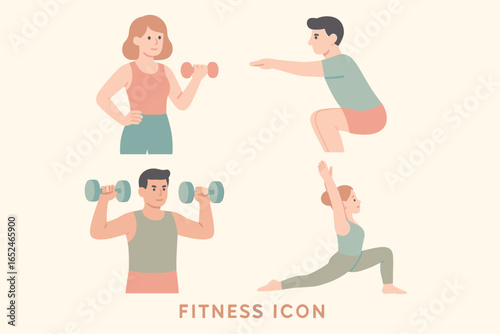 Caucasian adults exercising with dumbbells, squats, and yoga poses