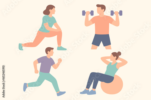 Illustration of diverse exercises featuring male and female adults engaged in various fitness activities
