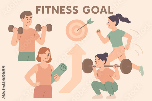 Young adults exercising with dumbbells, yoga mat, and weights: fitness goal achievements