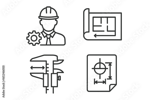 Engineering icons set with blueprint, hard hat, caliper, and technical drawing