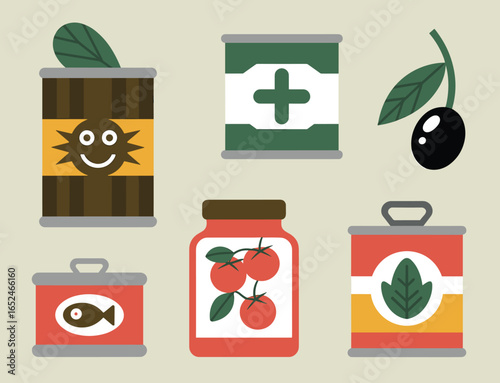Flat illustration of canned goods and olives with simple graphics canned food