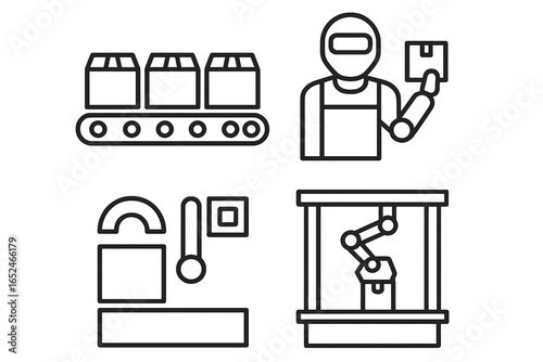 Linear icons of robotics and automation: conveyor, robot arm, factory production, ai worker