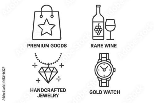 Luxury symbols featuring premium goods, rare wine, handcrafted jewelry, and gold watch icons
