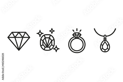 Elegant jewelry icons set: diamond, gemstone, ring, necklace designs