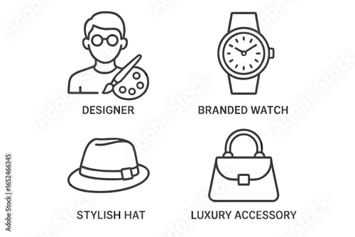Four iconic fashion elements: designer, branded watch, stylish hat, luxury accessory