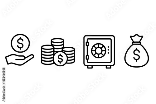 Hand holding coin, stacked coins, safe, and money bag icons in black and white