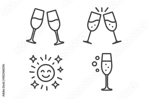 Celebratory champagne glasses and smiling sun icon set