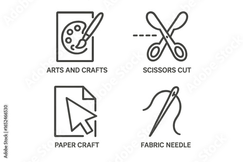 Black and white icons of arts and crafts: painting, scissors, paper craft, fabric needle