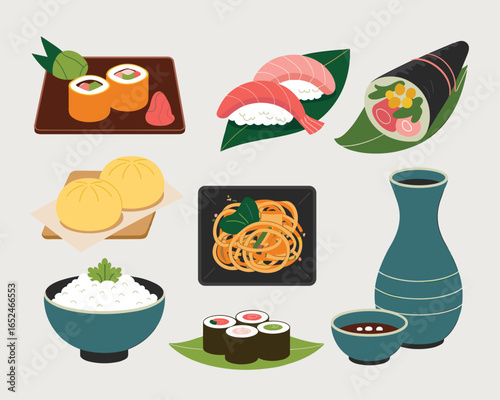 Japanese Food Assortment Sushi Rice Bowls and Sake Set Flat Illustration sashimi